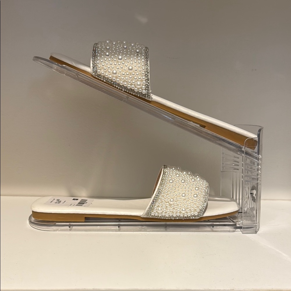 Elegant Pearl Embellished White Slide Sandals